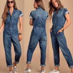 Pistola Sz M Grover Denim Jumpsuit Carpenter Style Patch Pockets Snap Buttons